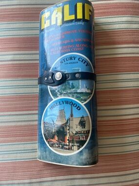 Blue California Vintage Travel Tin with Leather Strap .Vintage 70’s